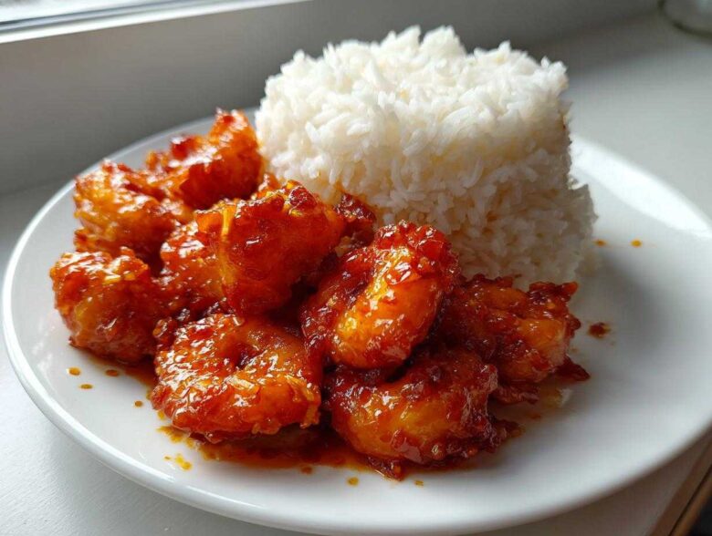 Plate of Sticky Sweet Chili Shrimp coated in glossy sauce next to a mound of fluffy white rice.