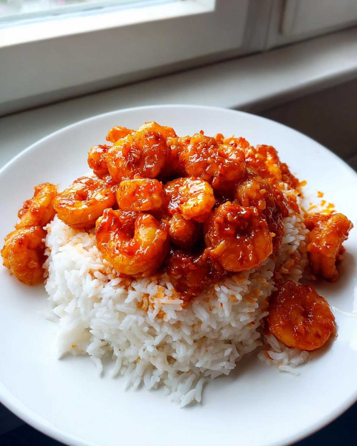 A close-up of Sticky Sweet Chili Shrimp generously spooned over a mound of white rice on a white plate.