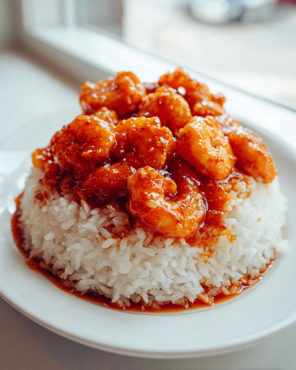 A mound of white rice topped generously with Sticky Sweet Chili Shrimp coated in a vibrant red sauce.