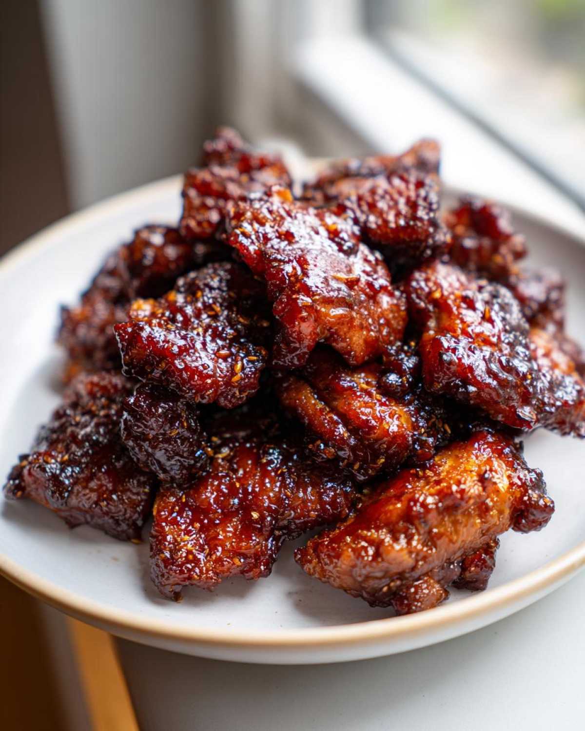 A pile of glistening, dark brown Sticky Teriyaki Chicken pieces sprinkled with sesame seeds on a light plate.