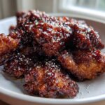 Close-up of crispy chicken pieces coated in a thick, glossy sauce for Sticky Teriyaki Chicken Easy Weeknight Meal.