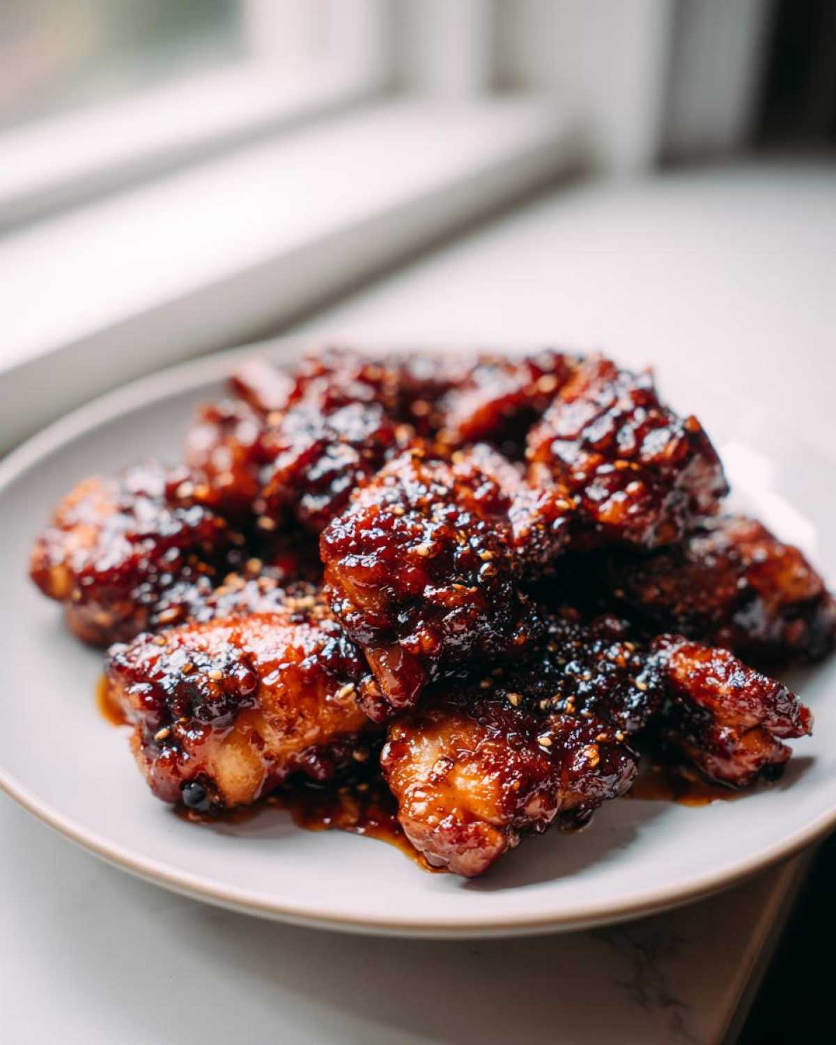 A plate piled high with glossy, dark brown Sticky Teriyaki Chicken pieces sprinkled with sesame seeds.