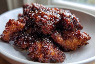 Close-up of crispy chicken pieces coated in a thick, glossy sauce for Sticky Teriyaki Chicken Easy Weeknight Meal.