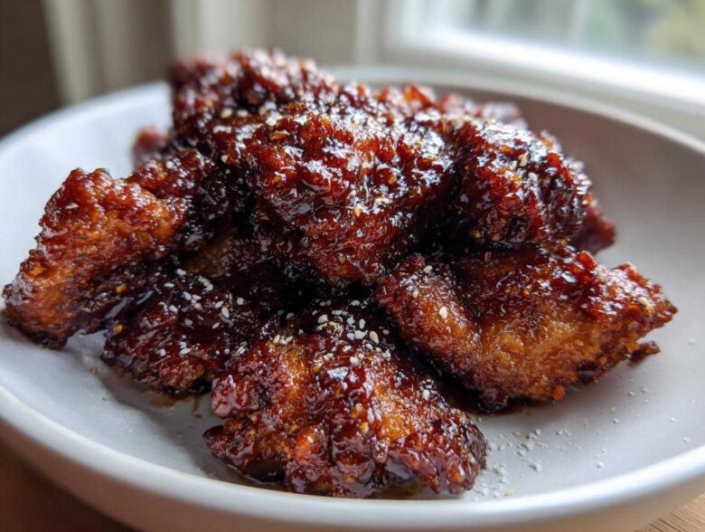 Close-up of crispy chicken pieces coated in a thick, glossy sauce for Sticky Teriyaki Chicken Easy Weeknight Meal.