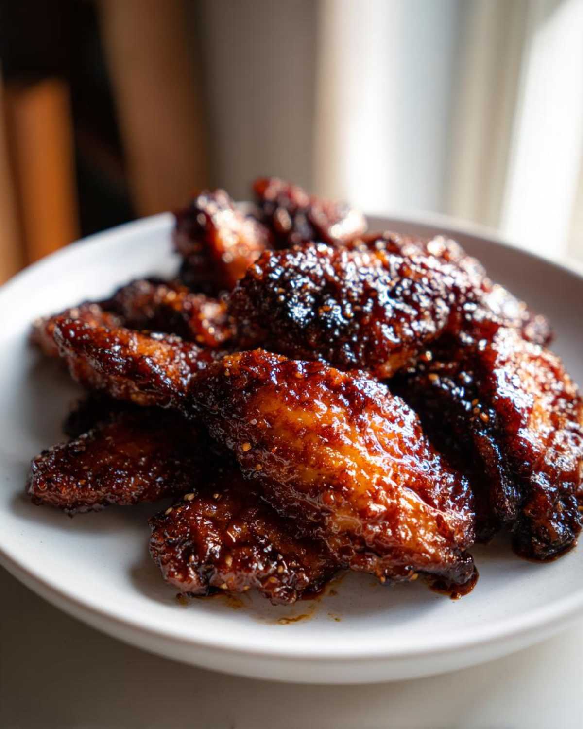 Close-up of glistening, caramelized Sticky Teriyaki Chicken wings piled on a white plate.