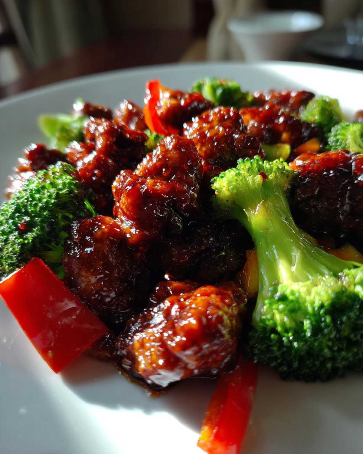 Close-up of glossy, dark teriyaki-glazed chicken pieces mixed with bright green broccoli florets and red bell pepper strips in a Sticky Teriyaki Chicken Stir Fry Quick Meal.