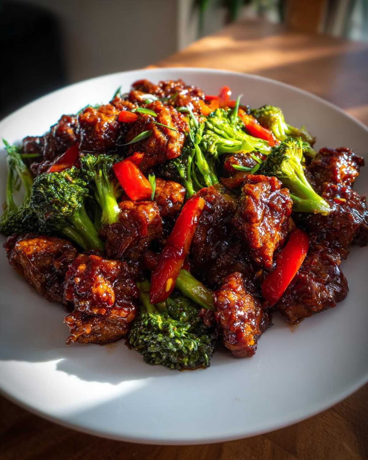 Close-up of Sticky Teriyaki Chicken Stir Fry Quick Meal with bright green broccoli and red peppers on a white plate.