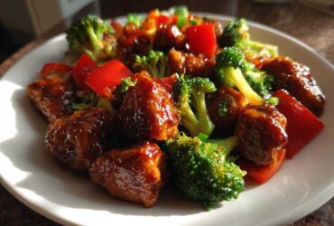 Close-up of Sticky Teriyaki Chicken Stir Fry Quick Meal featuring glazed chicken pieces, bright green broccoli, and red bell peppers.
