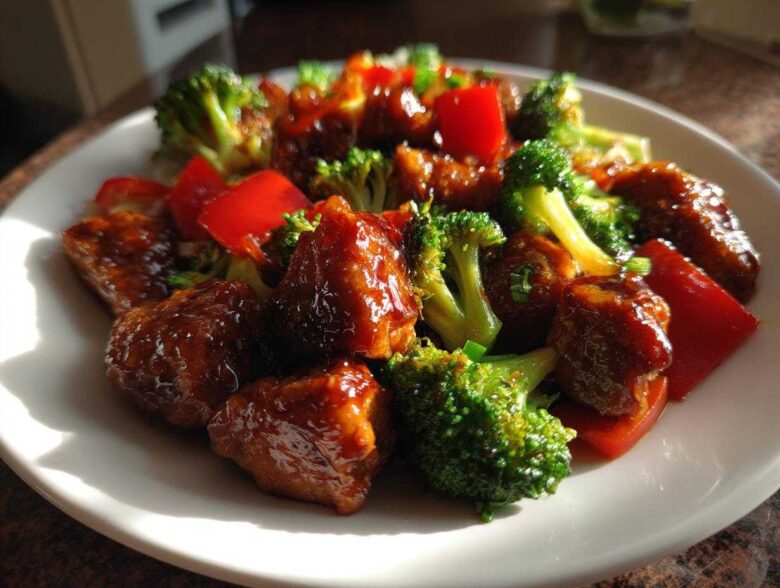 Close-up of Sticky Teriyaki Chicken Stir Fry Quick Meal featuring glazed chicken pieces, bright green broccoli, and red bell peppers.