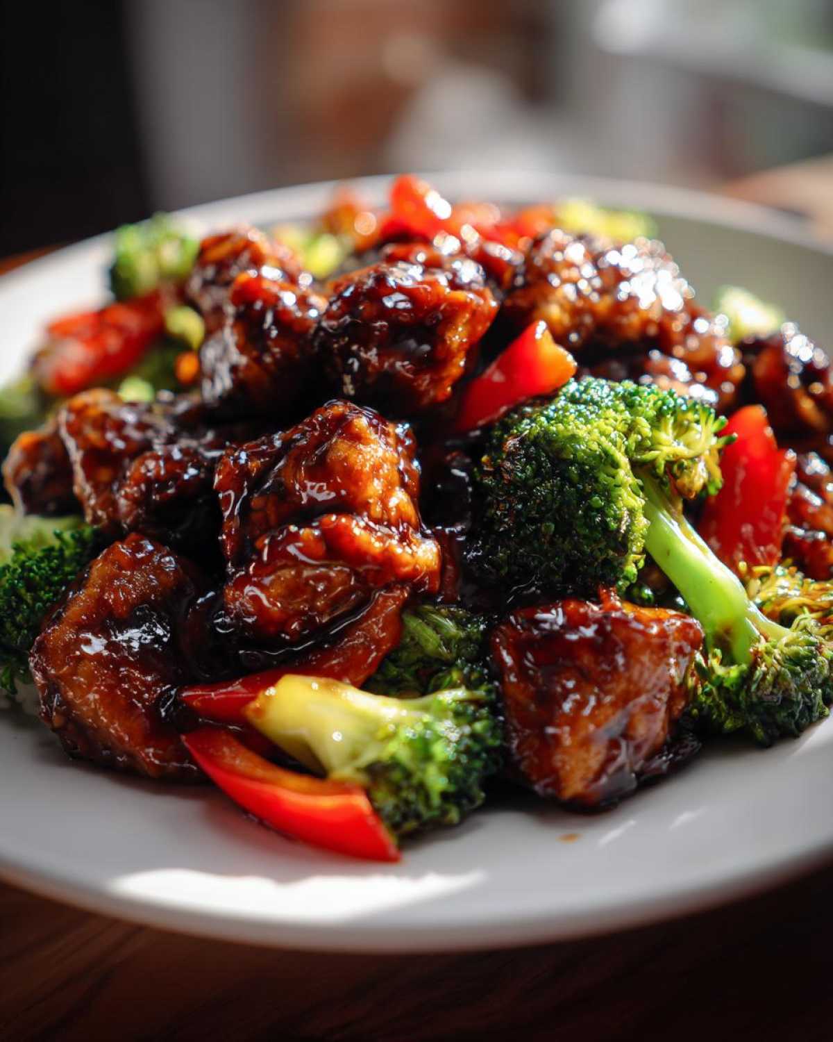 Close-up of glossy, saucy chicken pieces mixed with bright green broccoli florets and red bell peppers in a Sticky Teriyaki Chicken Stir Fry Quick Meal.
