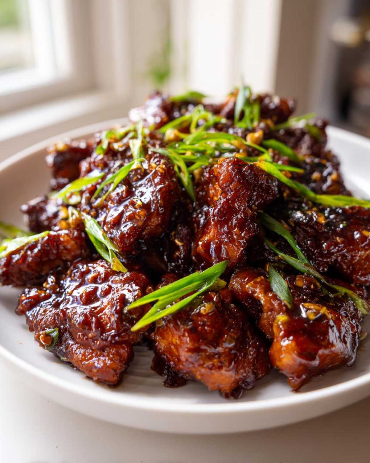 Close-up of tender Sticky Teriyaki Chicken Thighs with Garlic coated in a thick, dark glaze and topped with fresh scallions.