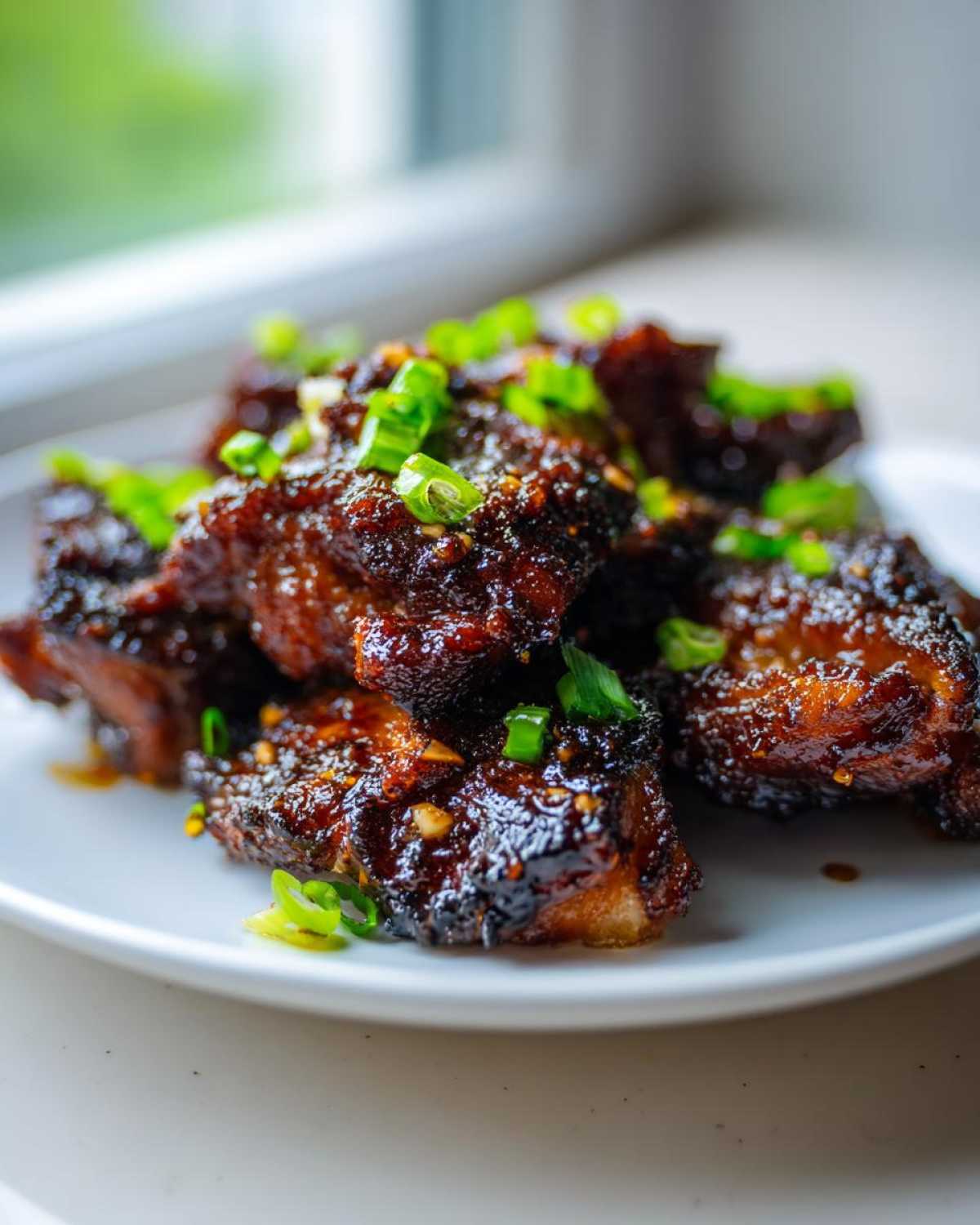 Close-up of glazed Sticky Teriyaki Chicken Thighs with Garlic garnished with fresh green onions.
