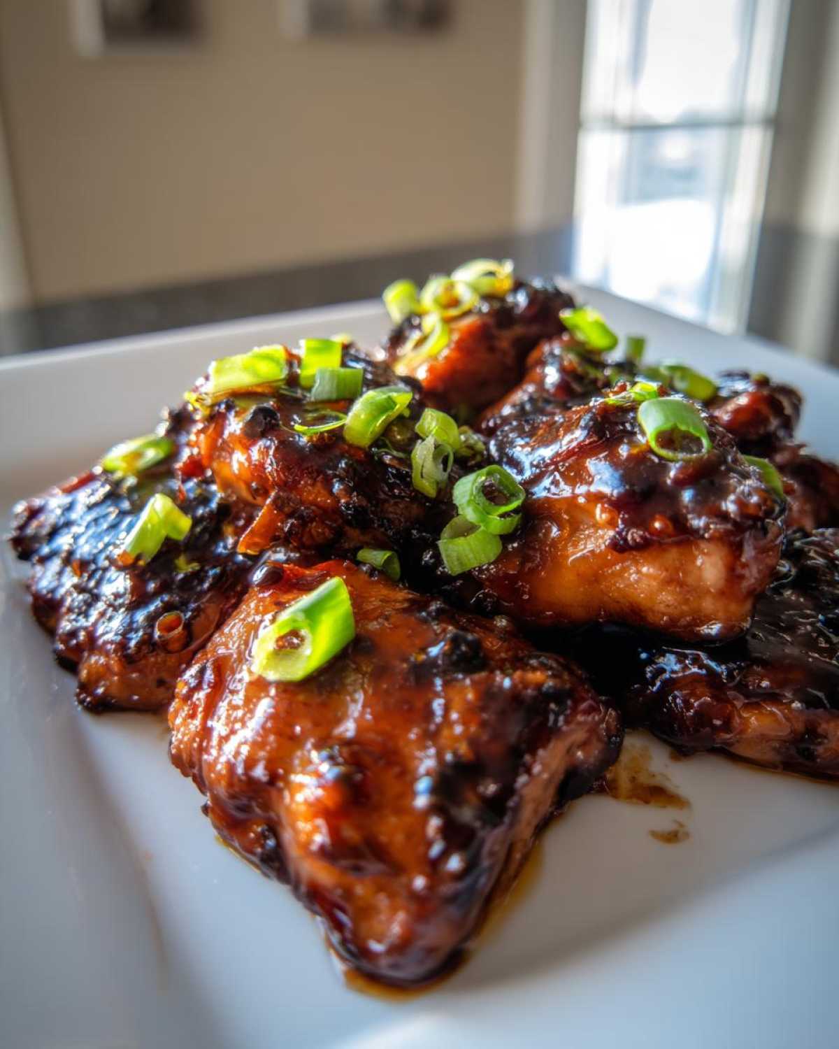 Close-up of glossy, glazed Sticky Teriyaki Chicken Thighs with Garlic garnished with fresh green onions.