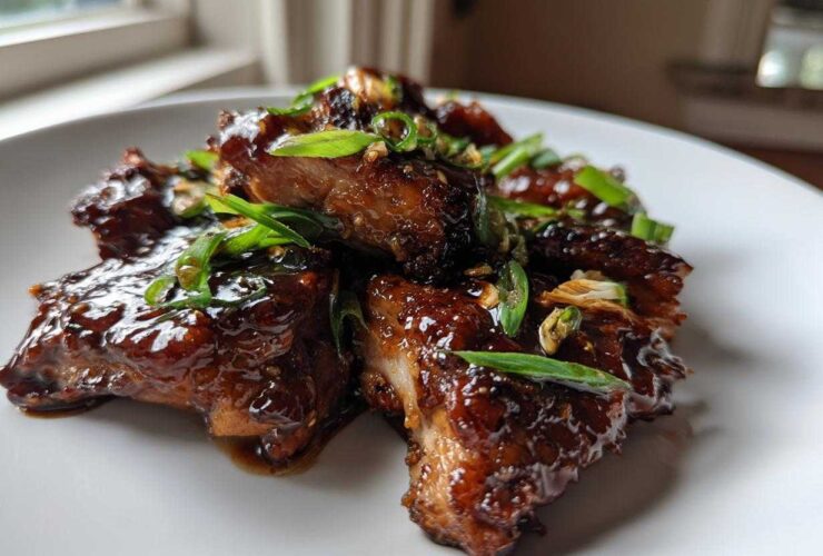 Close-up of glistening Sticky Teriyaki Chicken Thighs with Garlic, garnished with sliced green onions.