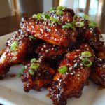 A pile of glistening Sticky Teriyaki Chicken Wings Oven Baked, garnished with sesame seeds and sliced green onions.