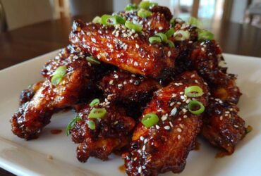 A pile of glistening Sticky Teriyaki Chicken Wings Oven Baked, garnished with sesame seeds and sliced green onions.