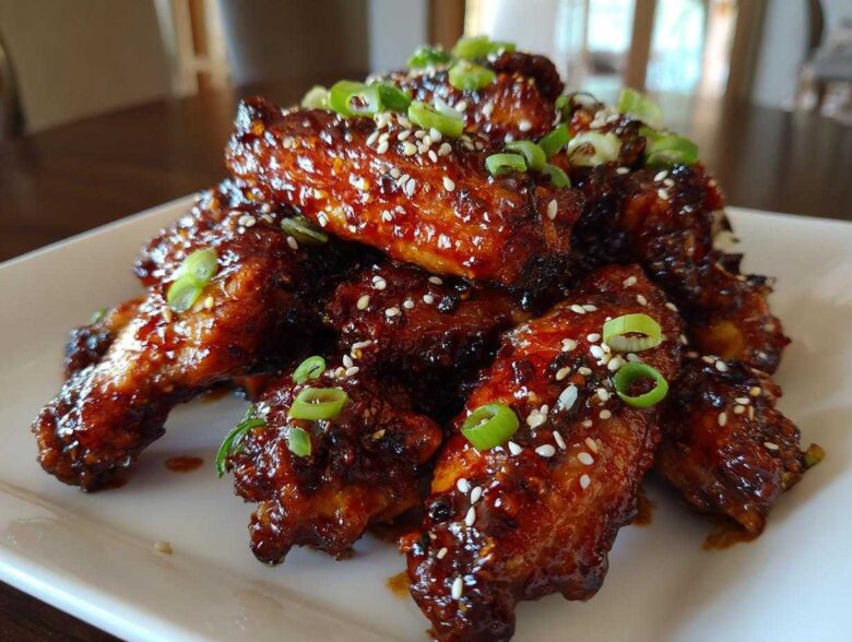 A pile of glistening Sticky Teriyaki Chicken Wings Oven Baked, garnished with sesame seeds and sliced green onions.