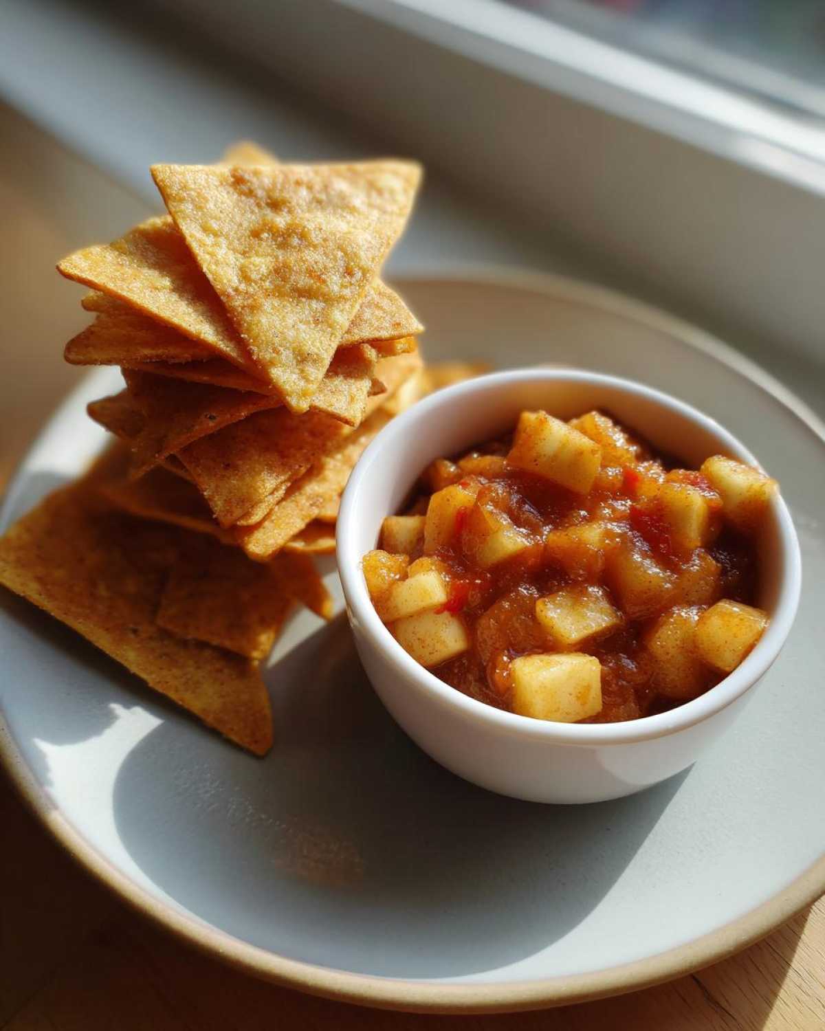 A bowl of chunky Apple Pie Salsa next to a stack of cinnamon sugar chips on a light plate.