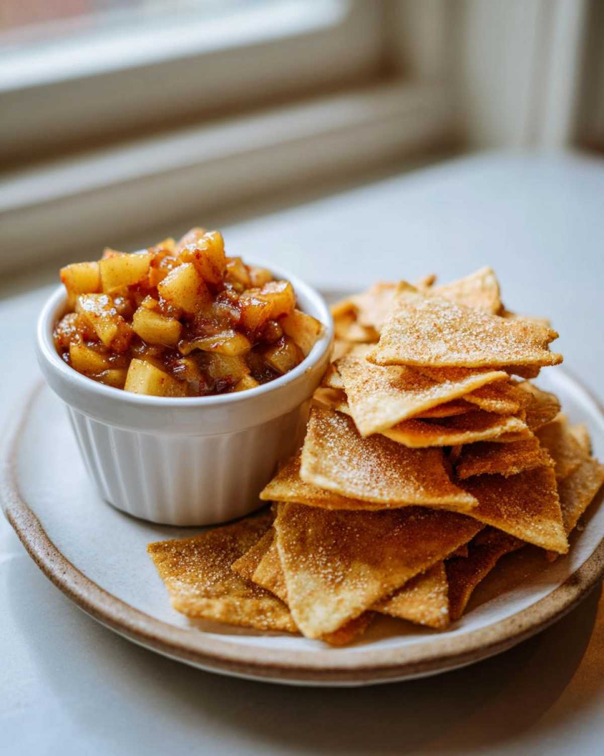 A white ramekin of chunky Apple Pie Salsa next to a pile of Cinnamon Sugar Chips on a neutral plate.