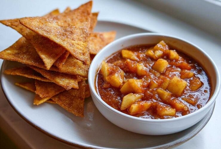 A bowl of chunky Apple Pie Salsa served next to a stack of crispy Cinnamon Sugar Chips.