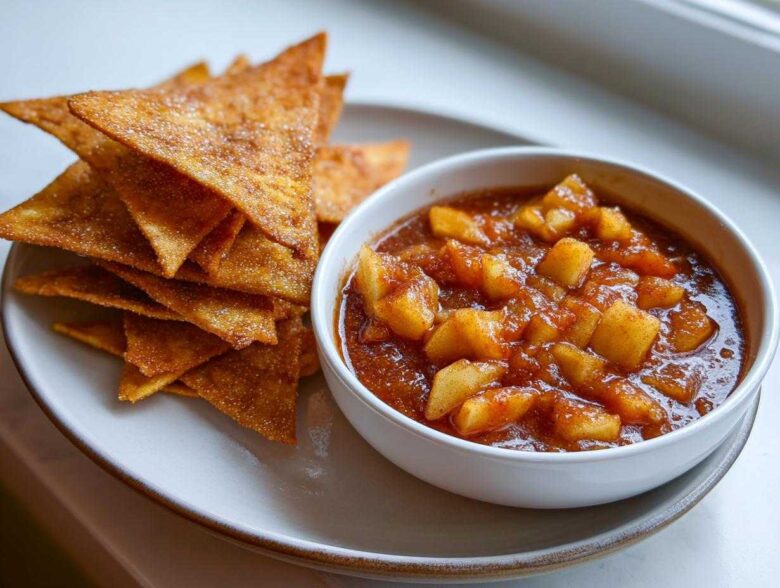 A bowl of chunky Apple Pie Salsa served next to a stack of crispy Cinnamon Sugar Chips.