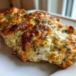 Close-up of three pieces of juicy Baked Ranch Chicken covered in melted, browned cheese and fresh parsley.