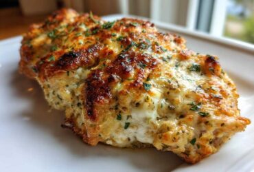 Close-up of three pieces of juicy Baked Ranch Chicken covered in melted, browned cheese and fresh parsley.