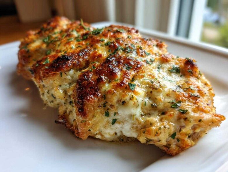 Close-up of three pieces of juicy Baked Ranch Chicken covered in melted, browned cheese and fresh parsley.