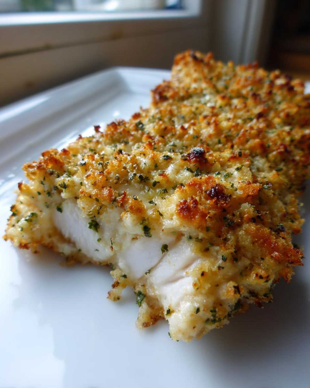 Close-up of a juicy piece of Baked Ranch Chicken with a golden, crispy, herb-flecked topping.