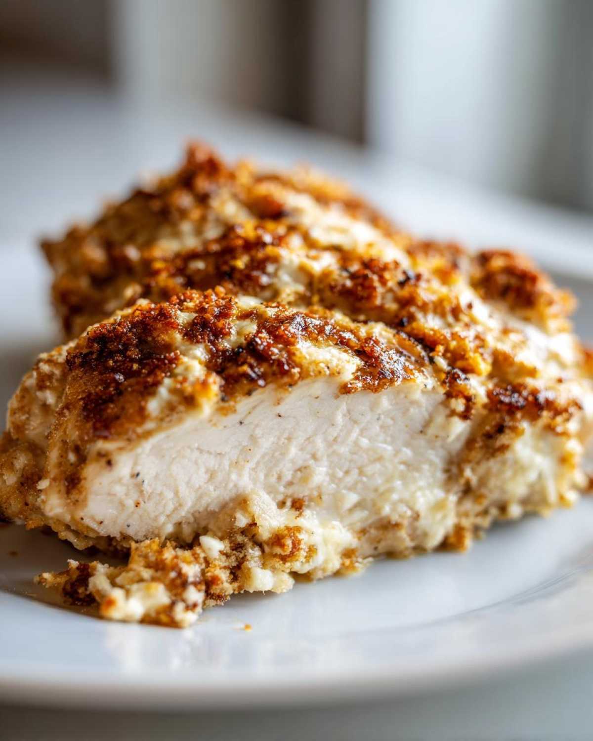 Cross-section of Baked Ranch Chicken showing juicy white meat and a golden, seasoned crumb topping.