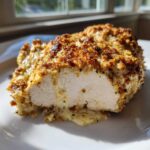 Cross-section of juicy Baked Ranch Chicken showing moist white meat and a golden, crispy ranch-seasoned topping.