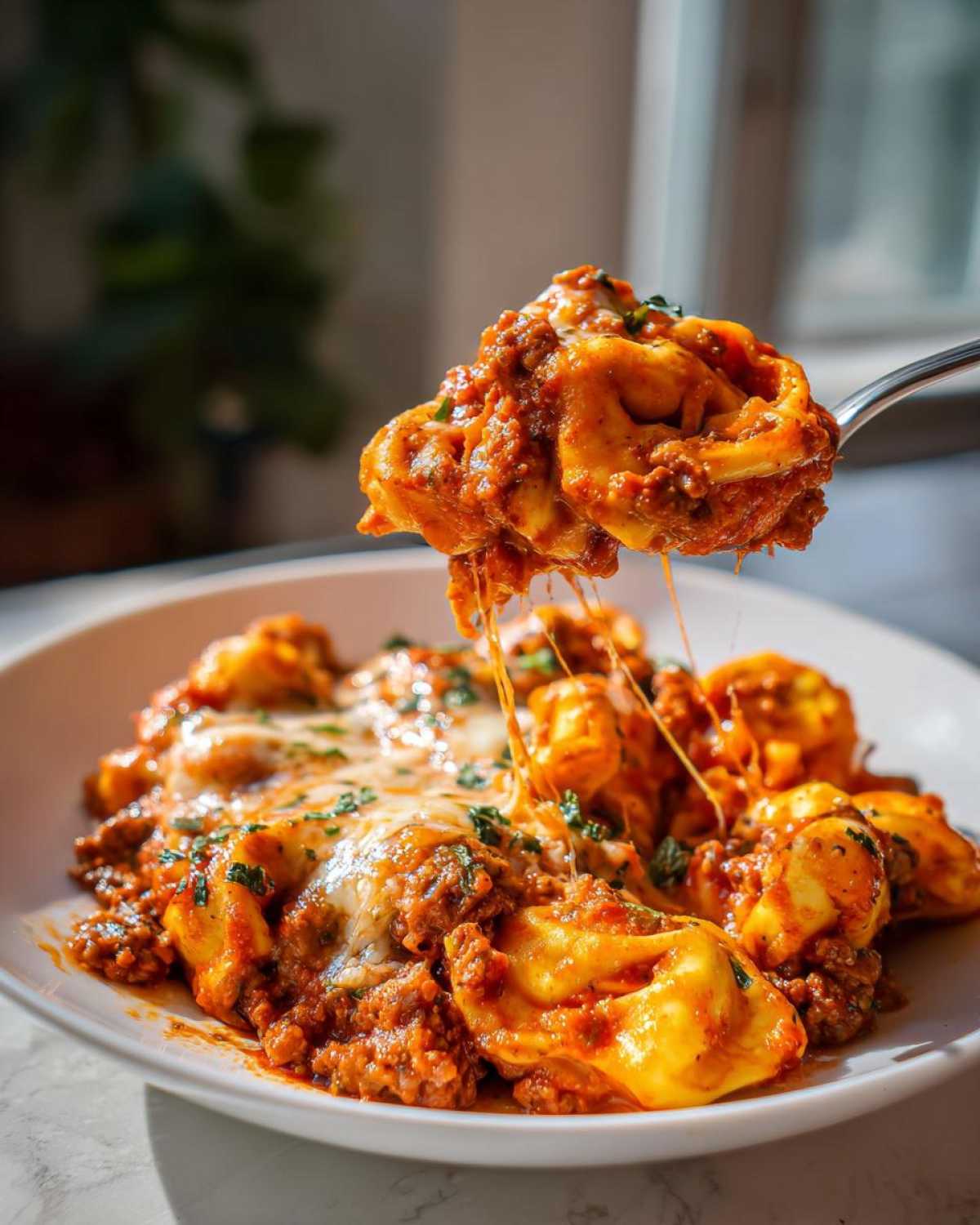 A fork lifting a cheesy scoop of Beef Enchilada Tortellini covered in rich sauce and melted cheese.