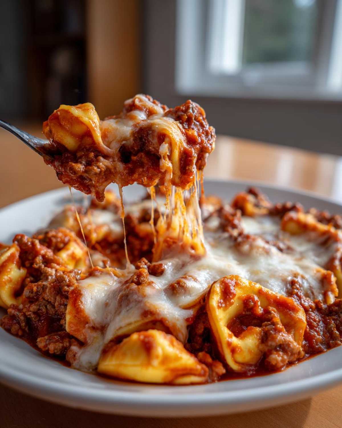A fork lifting a bite of cheesy Beef Enchilada Tortellini covered in rich meat sauce and melted mozzarella.