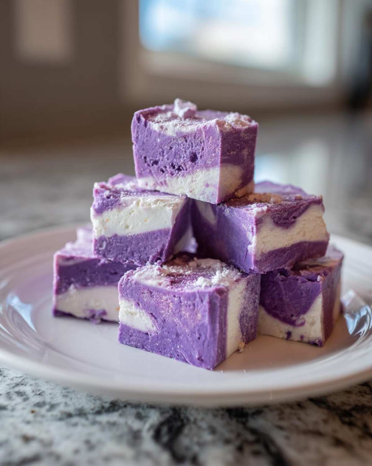 A stack of vibrant purple and white marbled Blueberry Fudge squares dusted with powdered sugar on a white plate.