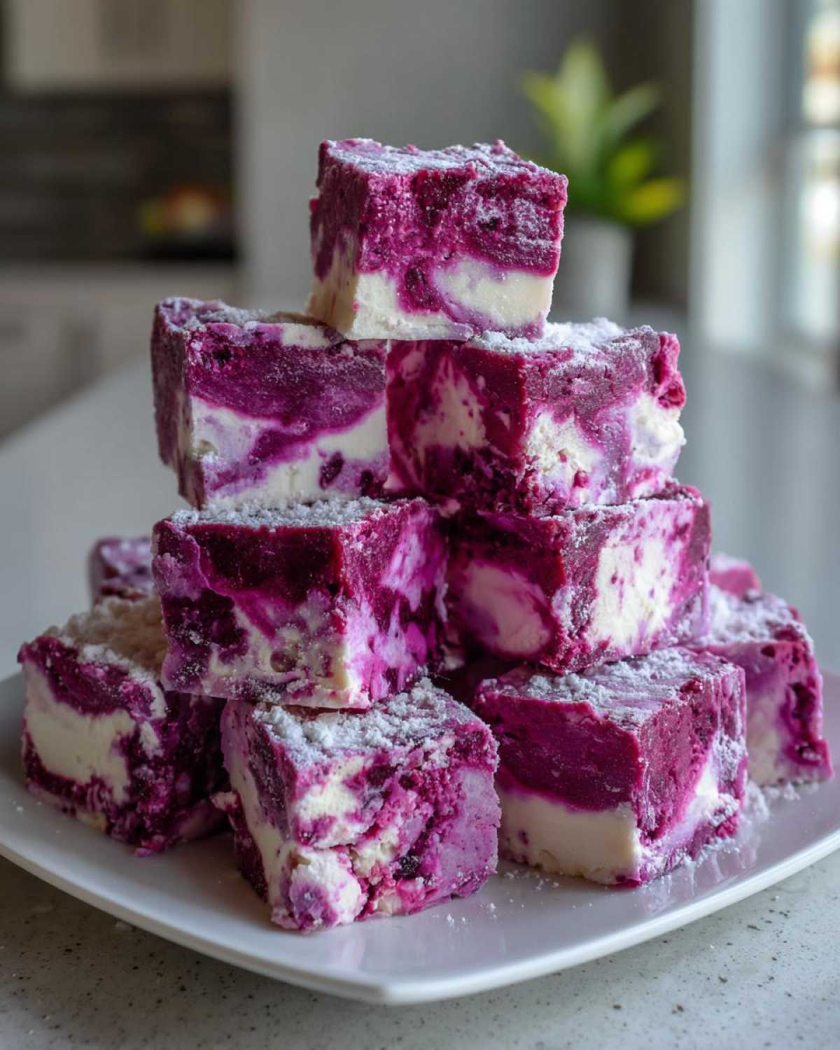 A stack of vibrant, marbled purple and white Blueberry Fudge squares dusted lightly with powdered sugar.