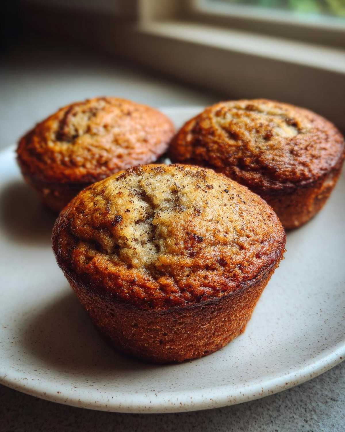 Close-up of three freshly baked Brown Sugar Banana Muffins with caramelized tops, resting on a speckled plate.