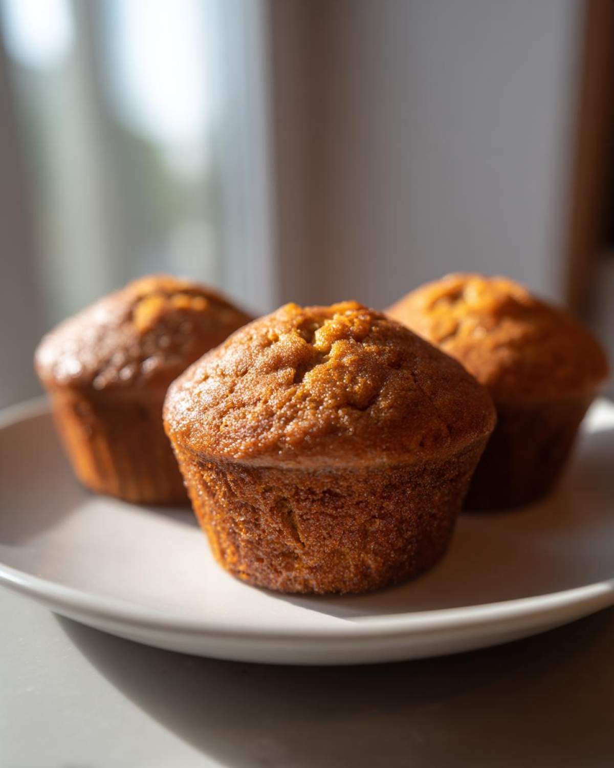 Three perfectly baked Brown Sugar Banana Muffins resting on a light-colored plate, highlighted by natural sunlight.