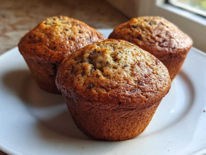 Three freshly baked Brown Sugar Banana Muffins with golden-brown tops resting on a white plate.