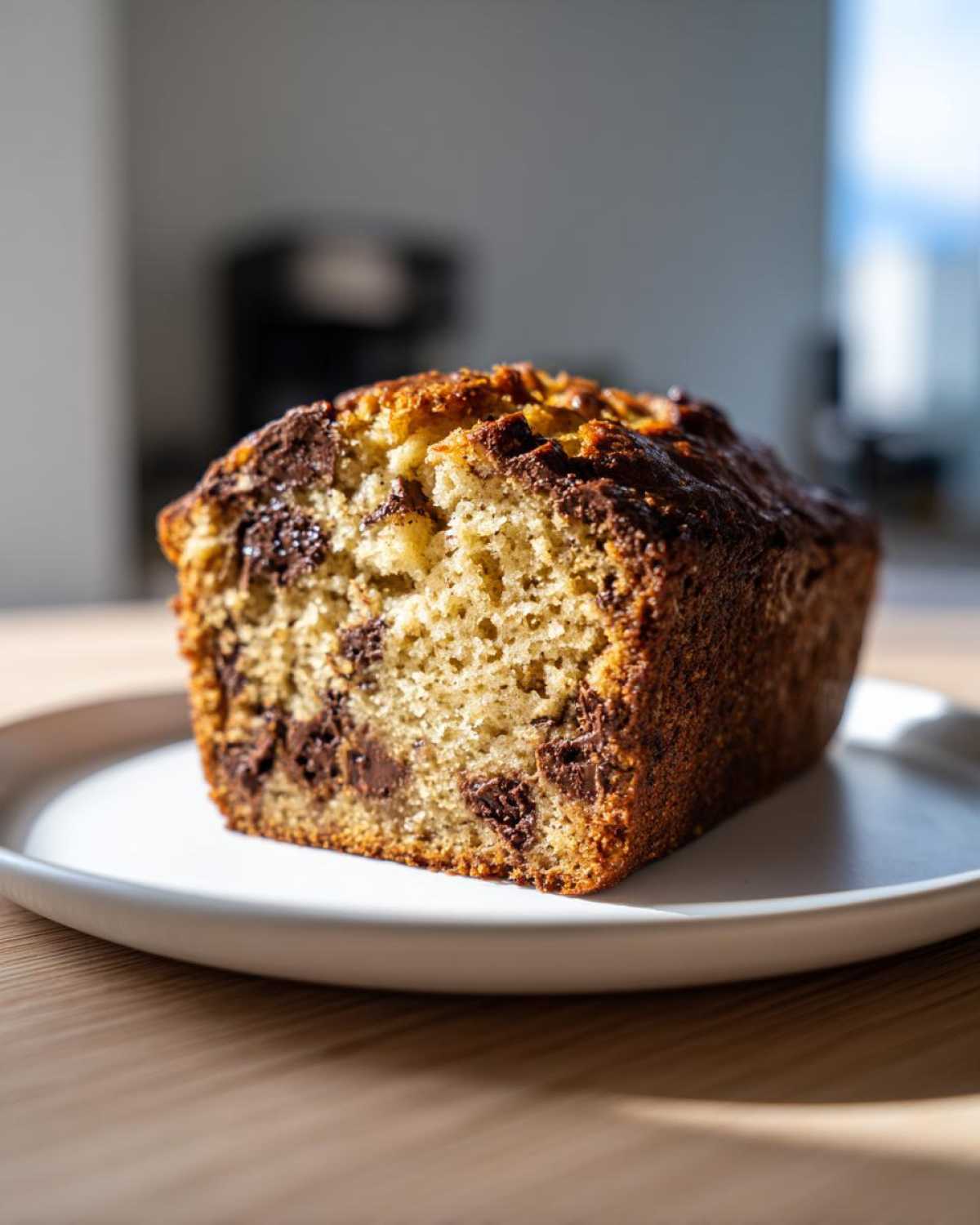 A close-up of a freshly baked Chocolate Chip Banana Bread loaf resting on a white plate, showing a golden crust and visible chocolate chunks.