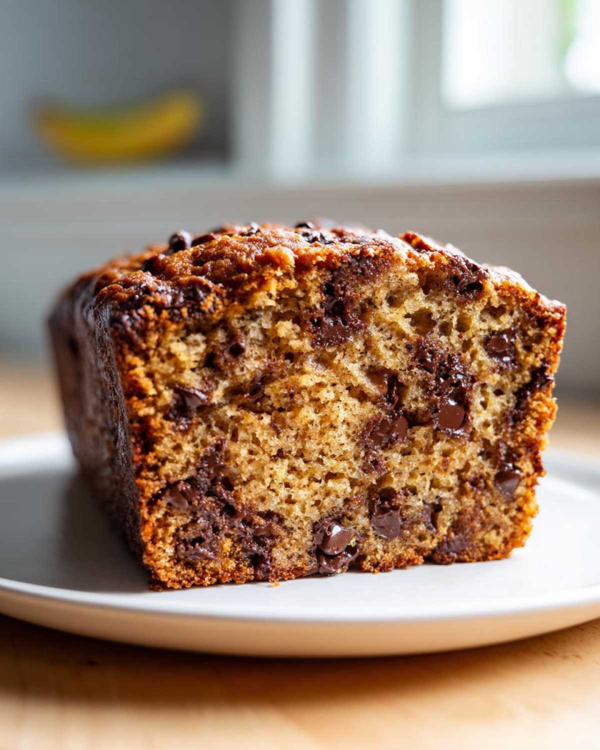 Close-up of a moist slice of Chocolate Chip Banana Bread showing rich brown crumb and melted chocolate chips.