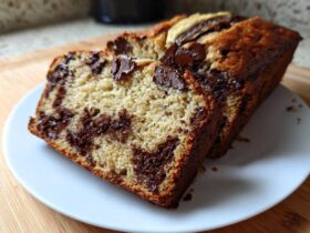 A close-up of two slices of moist Chocolate Chip Banana Bread showing swirls of melted chocolate chips.