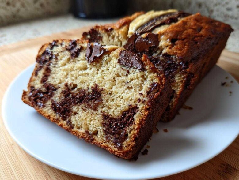 A close-up of two slices of moist Chocolate Chip Banana Bread showing swirls of melted chocolate chips.
