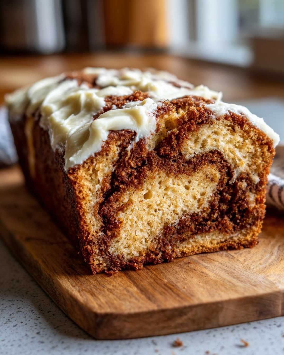 A close-up of a freshly baked Cinnamon Roll Banana Bread loaf with a thick swirl of cinnamon filling and cream cheese frosting.