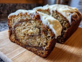 Two slices of Cinnamon Roll Banana Bread showing a swirl of cinnamon filling and topped with thick cream cheese frosting.