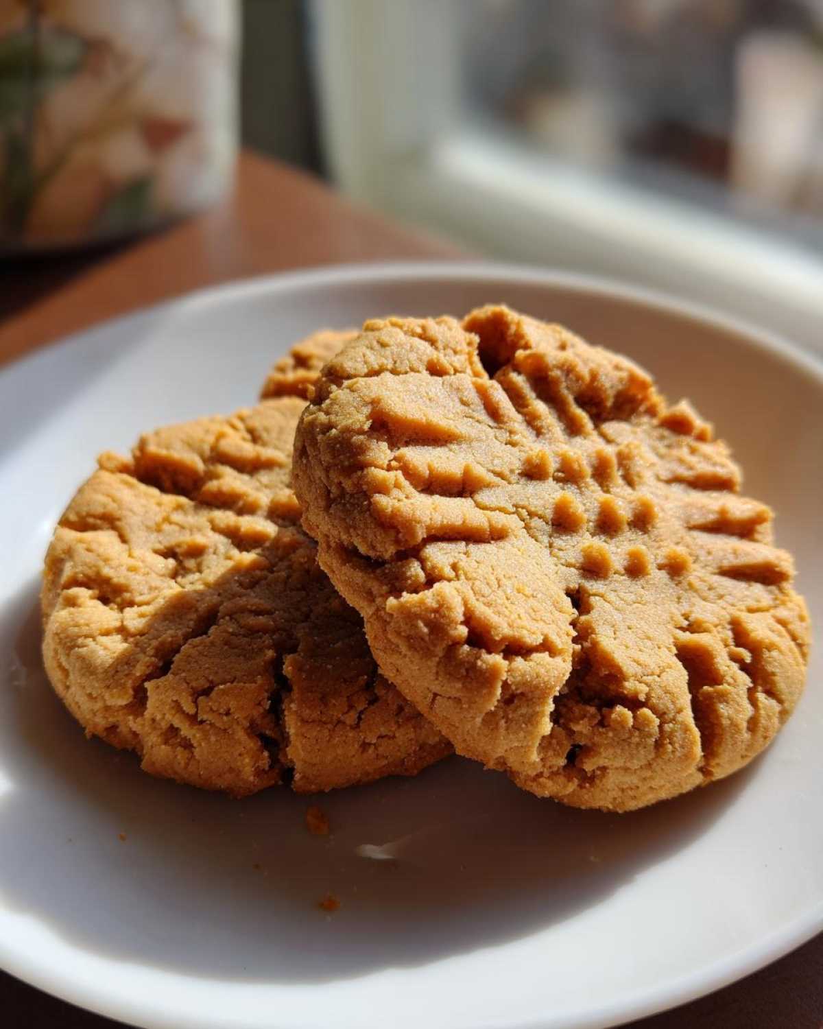 Two golden brown Peanut Butter Cookies with classic crisscross fork marks resting on a white plate.