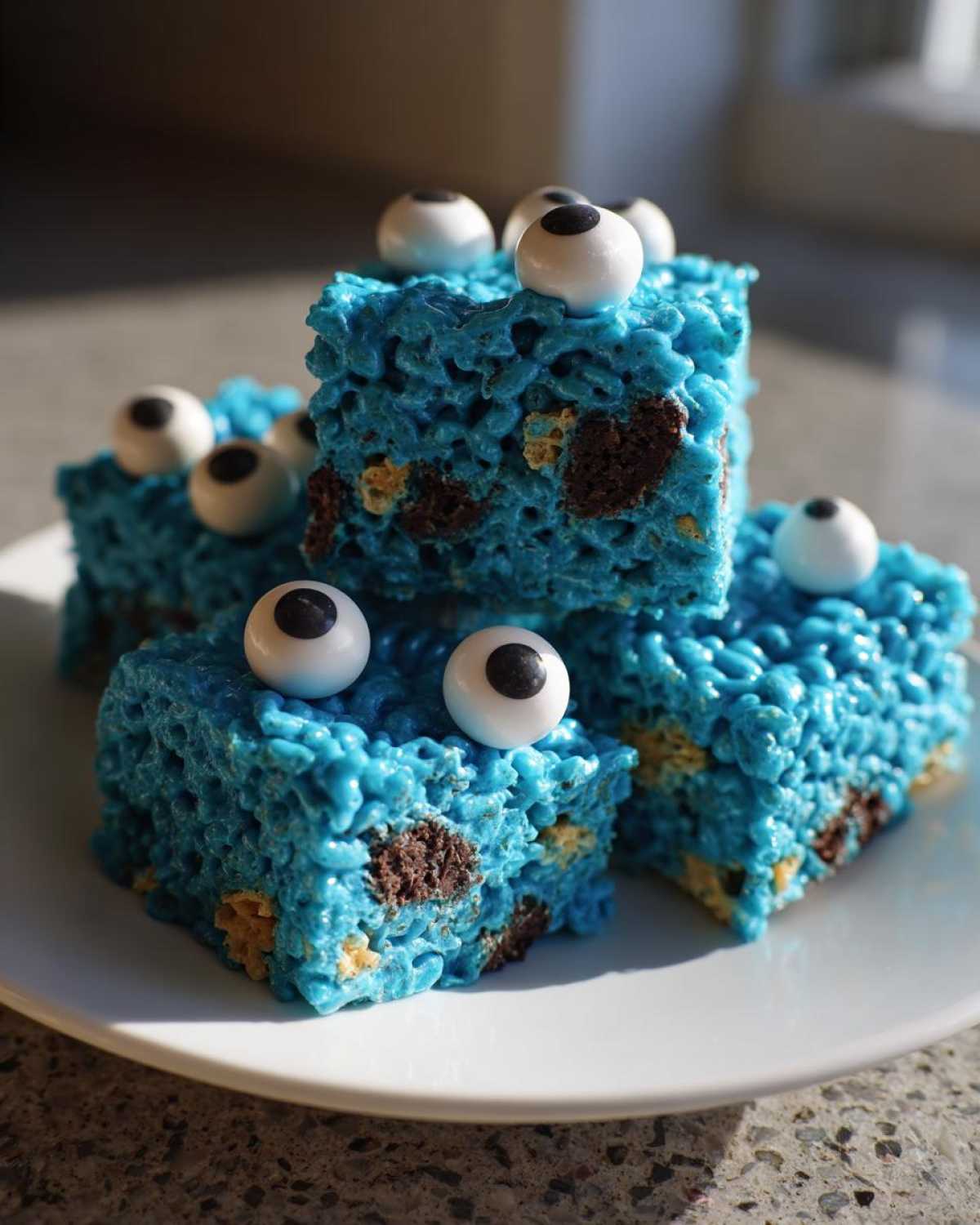 A stack of bright blue Cookie Monster Rice Krispy Treat Bars studded with chocolate chunks and topped with candy eyeballs.