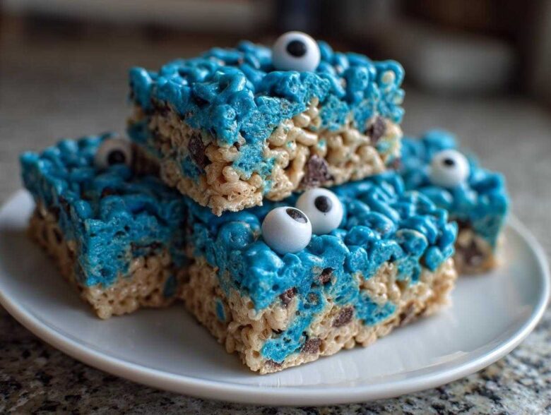 A stack of four bright blue Cookie Monster Rice Krispy Treat Bars topped with candy eyeballs on a white plate.