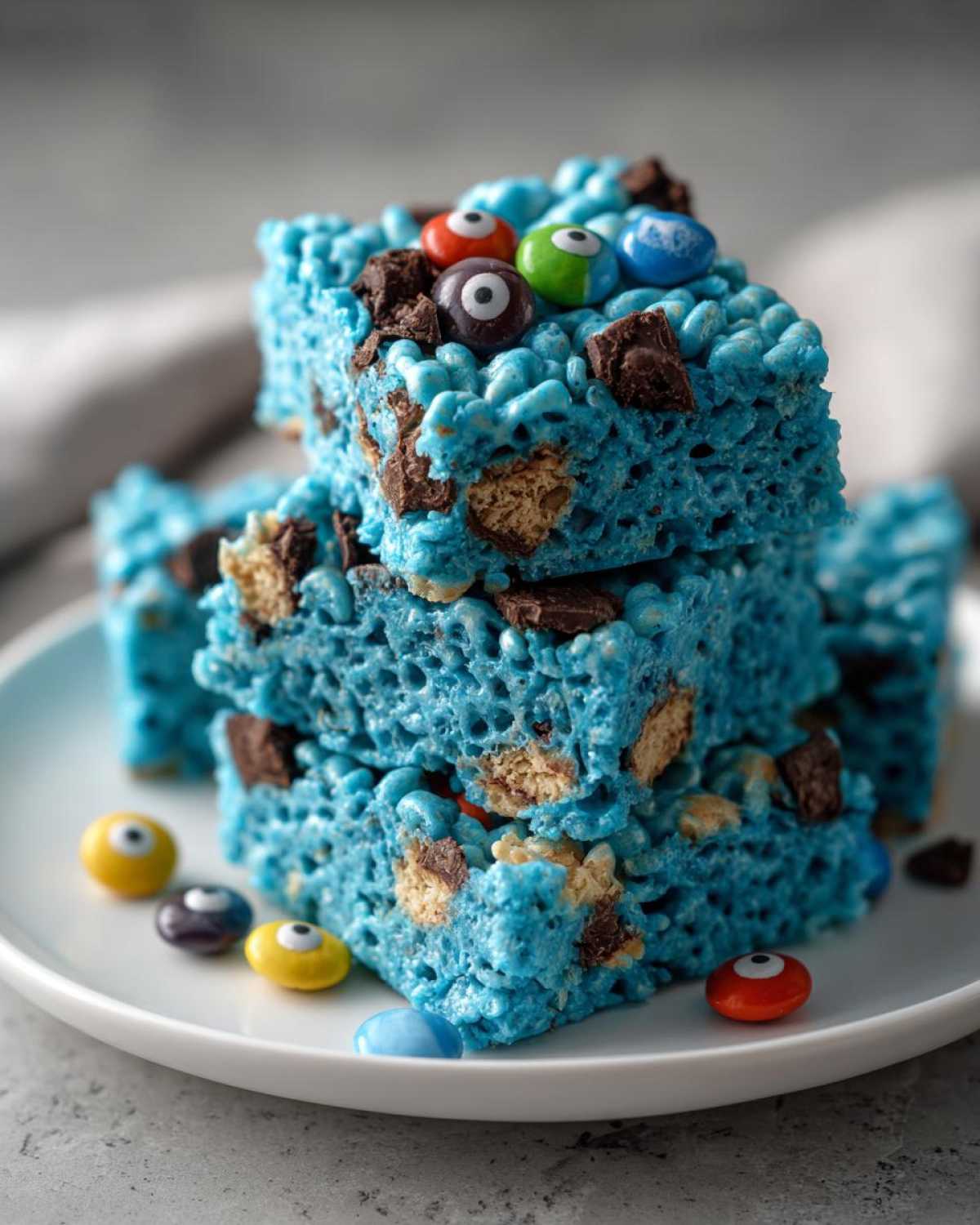A stack of bright blue Cookie Monster Rice Krispy Treat Bars loaded with chocolate chunks and candy eyeballs.