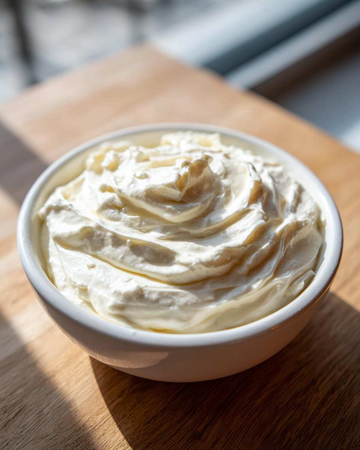 A white bowl filled with thick, swirled Creamy White Garlic Pizza Sauce, highlighted by sunlight on a wooden surface.