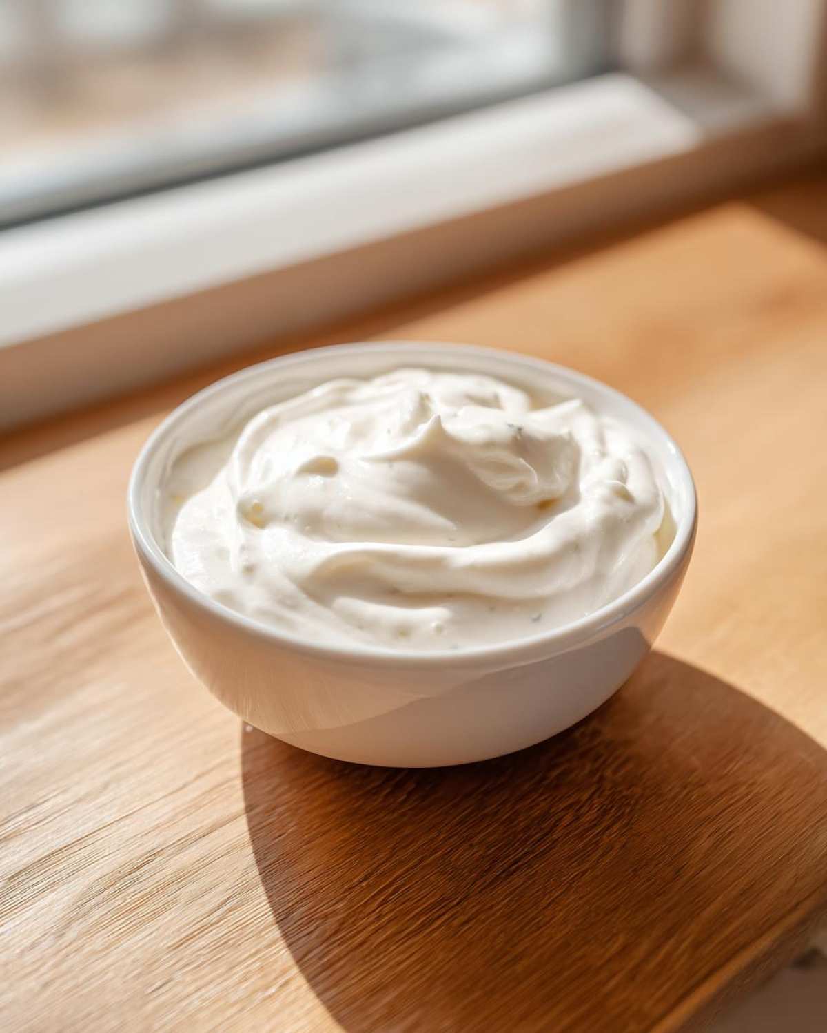 A small white bowl filled with thick, rich Creamy White Garlic Pizza Sauce sitting on a wooden surface.